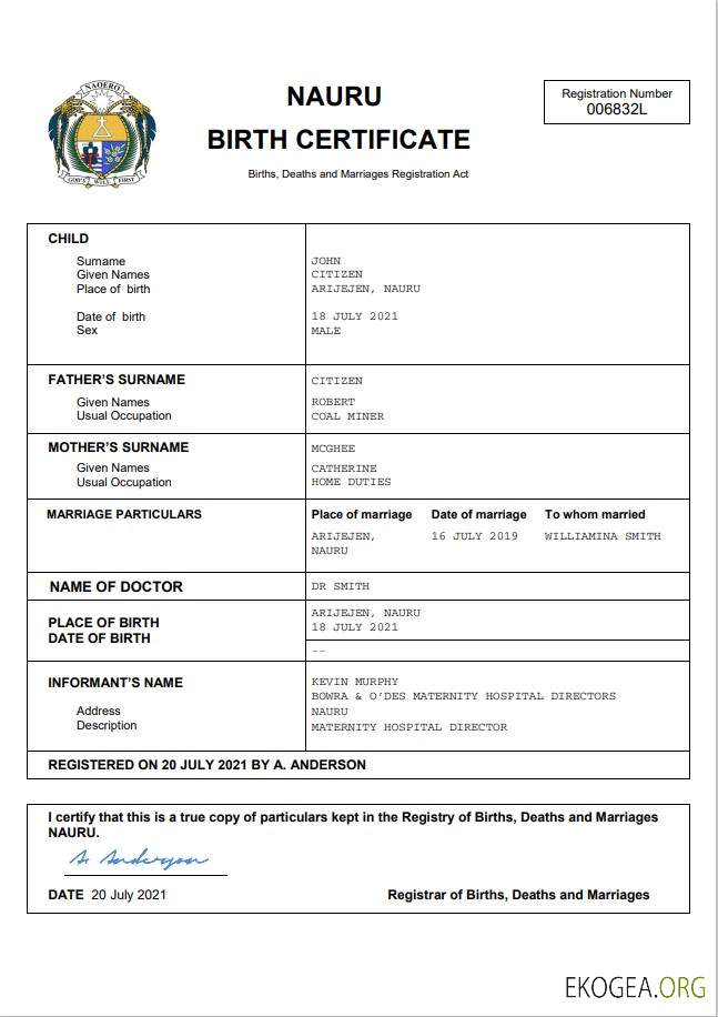Modèle Word et PDF d'acte de naissance d'acte d'état civil de Nauru